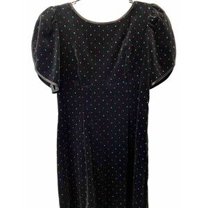 Vtg Lanz Black Crush Velvet Long Maxi Dress 80s Polka-Dot Size 10 Puff Sleeves